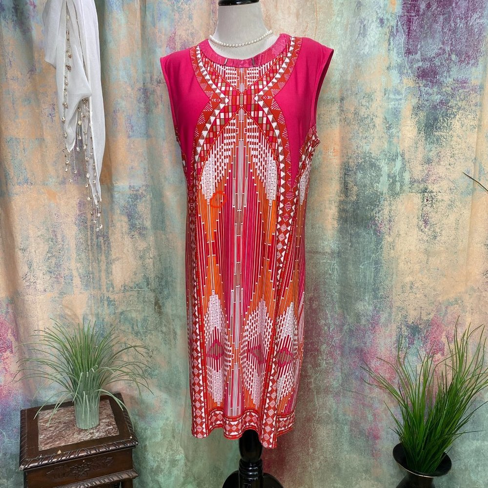 📌Sandra Darren 60s Style Geometric Border Print Sleeveless Shift Dress